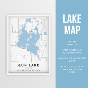 Mapa imprimible de Gun Lake, Michigan - Descarga instantánea \ Mapa del lago \ Arte de la pared \ Cartel del mapa \ Decoración de la casa del lago \ LakeLife \ Pesca \ Paseos en bote