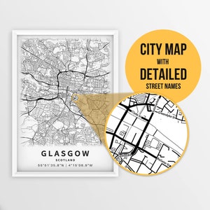 Mapa para impressão de Glasgow, Escócia, Reino Unido com nomes de ruas - download instantâneo \ Mapa da cidade \ Presente de viagem \ Cartaz da cidade \ Mapa de estradas