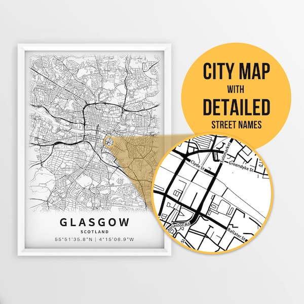 Printable Map of Glasgow, Scotland, United Kingdom with Street Names - Instant Download \ City Map \ Travel Gift \ City Poster \ Road Map