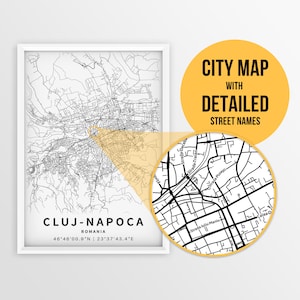 Mapa para impressão de Cluj-Napoca, Romênia com nomes de ruas - Download instantâneo \ Mapa da cidade \ Presente de viagem \ Cartaz da cidade \ Impressão de mapa de presente