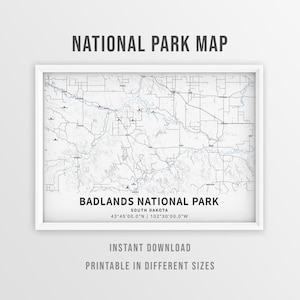 Carte imprimable du parc national des Badlands, affiche de la topographie du Dakota du Sud - téléchargement immédiat, impression de carte, sentier de carte, cadeau des Badlands, carte de randonnée