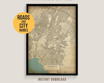 Athens, Greece Vintage Style Map, Printable Athens City Poster (Instant Download)