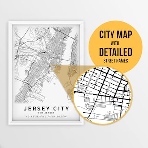 Mapa para impressão de Jersey City, Nova Jersey, EUA com nomes de ruas - Download instantâneo \ Mapa da cidade \ Presente de viagem \ Cartaz da cidade \ Impressão de mapa de estradas