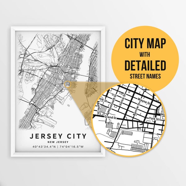 Printable Map of Jersey City, New Jersey, USA with Street Names - Instant Download \ City Map \ Travel Gift \ City Poster \ Road Map Print