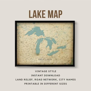 Mappa in stile vintage dei Grandi Laghi con nomi di città - Download immediato \ Mappa del lago \ Poster del lago \ Arte murale \ Superior, Erie, Ontario, Huron