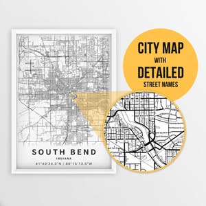 Afdrukbare kaart van South Bend, Indiana, VS met straatnamen - Instant Download \ Stadsplattegrond \ Reiscadeau \ Stadsposter \ Routekaart afdrukken