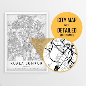 Druckbare Karte von Kuala Lumpur, Malaysia mit Straßennamen - Sofort Download \ City Map \ Travel Gift \ City Poster \ Road Map Print