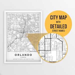 Afdrukbare kaart van Orlando, Florida, VS met straatnamen - Instant Download \ Stadsplattegrond \ Reiscadeau \ Stadsposter \ Routekaart afdrukken