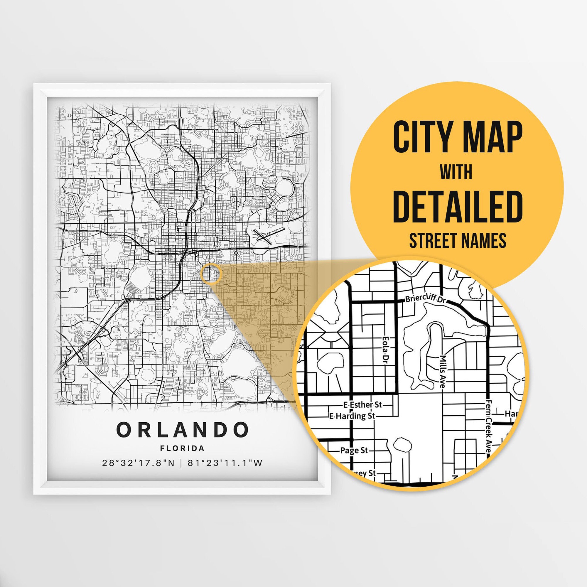 Printable Map of Orlando, Florida, USA with Street Names - Instant Download \ City Map \ Travel Gift \ City Poster \ Road Map Print