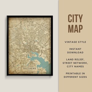 Mapa de estilo vintage imprimible de Baltimore, Maryland - Descarga instantánea \ Mapa de calles \ Cartel de mapa \ Estilo antiguo \ Impresión de mapa \ Regalo de Maryland