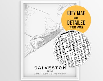 Mapa de Galveston, Texas, com nomes de ruas, pôster da cidade de Galveston para imprimir (download instantâneo)