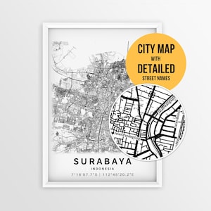 Karte von Surabaya, Indonesien, mit Straßennamen, druckbares Stadtposter von Surabaya (Sofort-Download)