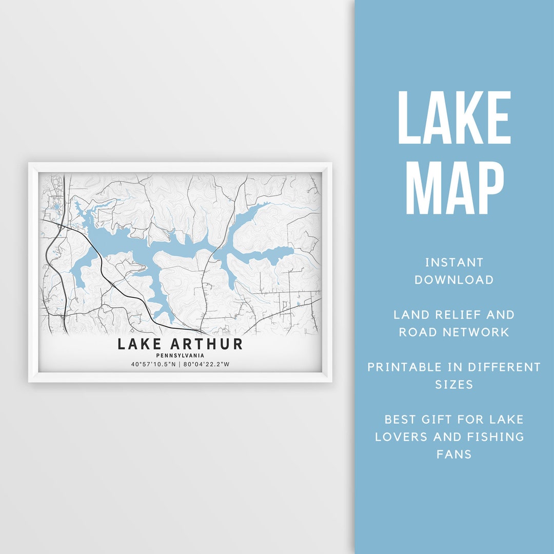 Printable Map of Lake Arthur, Pennsylvania, US Instant Download Lake