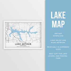 Mapa imprimible del lago Arthur, Pensilvania, EE. UU. - Descarga instantánea \ Mapa del lago \ Cartel del mapa \ Decoración de la casa del lago \ LakeLife \ Pesca \ Paseos en bote