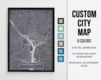 Custom City Color Map Poster, Any city or town - Digital Download \ City Map \ Wall Art \ Printable Map \ Map art