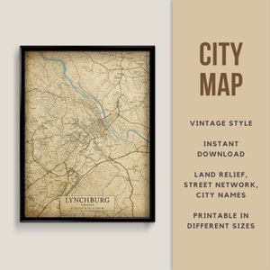 Vintage Style Map of Lynchburg, Virginia, USA - Instant Download \ Street Map \ Wall Art \ Map Poster \ Antique \ Map Print \ Virginia Gift
