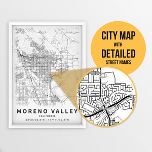 Afdrukbare kaart van Moreno Valley, Californië, VS met straatnamen - Instant Download \ Stadsplattegrond \ Reiscadeau \ Stadsposter \ Routekaart afdrukken