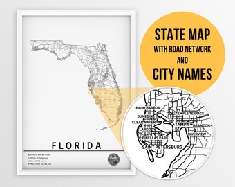 Printable Map of Florida with city names and roads - Instant Download \ State Map \ Map Art \ Travel Planner \ Push Pin Map \ Florida Poster