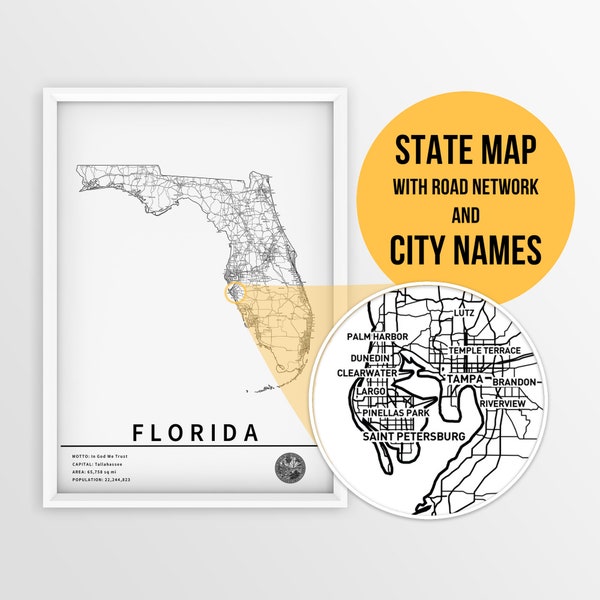 Printable Map of Florida with city names and roads - Instant Download \ State Map \ Map Art \ Travel Planner \ Push Pin Map \ Florida Poster