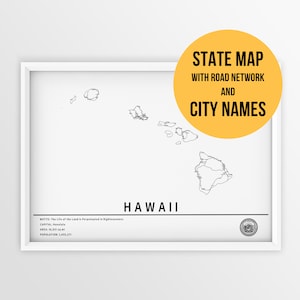 Carte imprimable d'Hawaï, aux États-Unis, avec les noms des villes et des routes - Téléchargement immédiat \ Carte de l'État \ Art de la carte \ Carte à épingles \ Planificateur de voyage