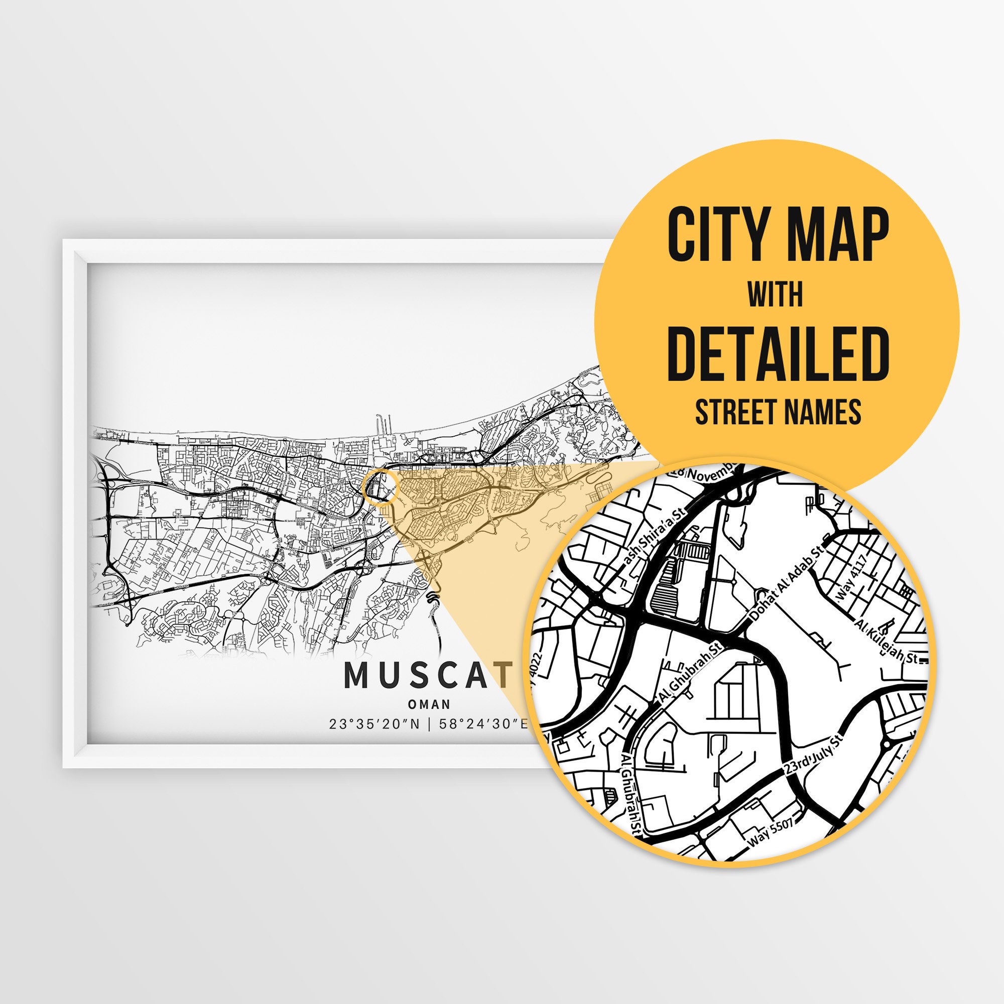Printable Map of Muscat, Oman with Street Names - Instant Download \ City Map \ Travel Gift \ City Poster \ Road Map Print \ Street Map