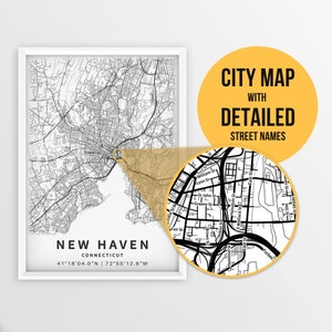 Druckbare Karte von New Haven, Connecticut, USA mit Straßennamen - Sofortiger Download \ Stadtplan \ Reisegeschenk \ Stadtposter \ Straßenkartendruck