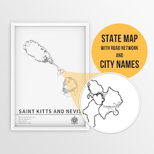 Carte imprimable de Saint-Kitts-et-Nevis avec les noms des villes et des routes - téléchargement immédiat \ carte du pays \ impression de carte \ carte punaise \ planificateur de voyage