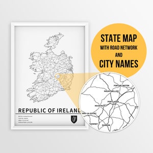 Mapa da Irlanda para impressão com nomes de cidades e estradas - Download instantâneo \ Mapa do estado \ Arte do mapa \ Mapa de alfinetes \ Planejador de viagens \ Presente da Irlanda