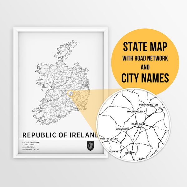 Printable Map of Ireland with city names and roads - Instant Download \ State Map \ Map Art \ Push Pin Map \ Travel Planner \ Ireland Gift