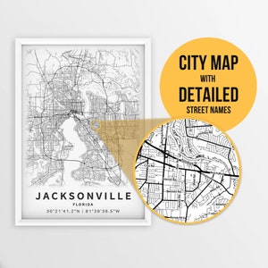 Afdrukbare kaart van Jacksonville, Florida, VS met straatnamen - Instant Download \ Stadsplattegrond \ Reiscadeau \ Stadsposter \ Routekaart afdrukken