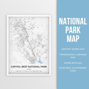 Carte imprimable du parc national de Capitol Reef, affiche de Capitol Reef - téléchargement immédiat, carte des contours, affiche de carte, sentier du Wyoming, cadeau de randonnée