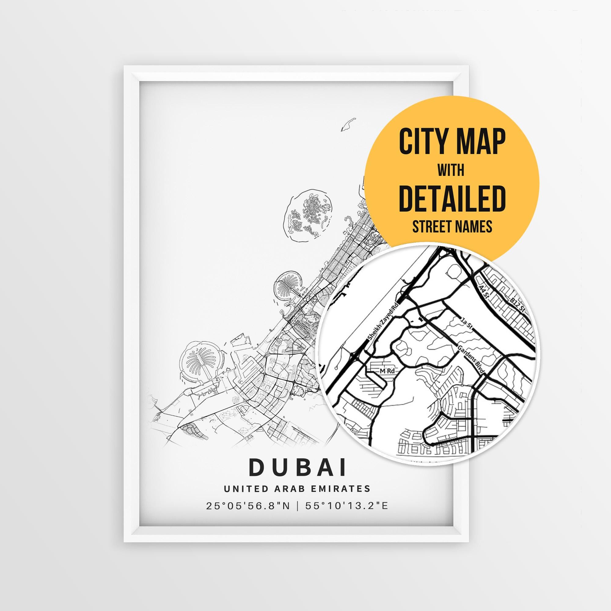 Dubai Map With Street Names, Printable United Arab Emirates City Poster ...