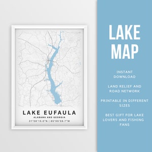 Druckbare Karte von Lake Eufaula, Alabama und Georgia - Sofort Download \ Lake Map \ Map Poster \ Lakehouse Decor \ LakeLife \ Angeln \ Bootfahren