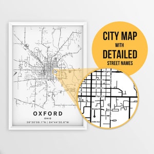 Printable Map Oxford, Ohio, USA with Street Names - Instant Download \ City Map \ Travel Gift \ City Poster \ Road Map Print \ Street Map