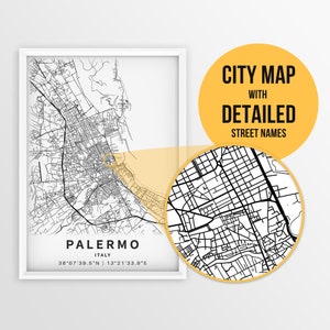 Karte vonPalermo,Sizilien,Italien mit Straßennamen - Sofort Download \ Stadt Karte ~ Reise Geschenk ~ Stadt Poster ~ Strassen Karte Print