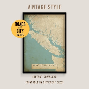 Carte de style vintage de l'île de Vancouver, Canada, affiche imprimable de la ville de Colombie-Britannique (téléchargement instantané)