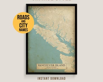Vancouver Island, Kanada Vintage Style Karte zum Ausdrucken (Instant Download)