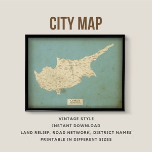 Wydrukowana mapa Cypru w stylu vintage - natychmiastowe pobranie \ Mapa ulic \ Sztuka ścienna \ Plakat z mapą \ Styl antyczny \ Wydruk mapy \ Prezent z Cypru