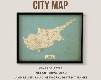 Printable Vintage Style Map of Cyprus - Instant Download \ Street Map \ Wall Art \ Map Poster \ Antique Style \ Map Print \ Cyprus gift