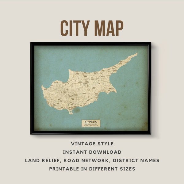 Printable Vintage Style Map of Cyprus - Instant Download \ Street Map \ Wall Art \ Map Poster \ Antique Style \ Map Print \ Cyprus gift