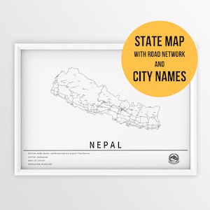 Carte imprimable du Népal avec les noms des villes et des routes - Téléchargement immédiat \ Carte du pays \ Art de la carte \ Planificateur de voyage \ Carte à épingles \ Cadeau du Népal