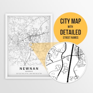 Druckbare Karte von Newnan, Georgia, USA mit Straßennamen - sofortiger Download ~ Karte ~ ~ Stadt Karte ~ Strassen Karte Print
