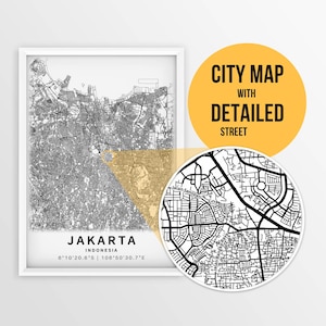 Puede incluir: Mapa de la ciudad de Yakarta, en Indonesia, en blanco y negro, con calles detalladas. El mapa incluye el texto "JAKARTA, INDONESIA, 6°10'20.6"S | 106°50'30.7"E" y "Jalan Senopati".