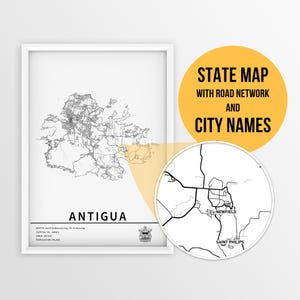 Carte imprimable de l'île d'Antigua avec les noms des villes et des routes - téléchargement immédiat \ carte du pays \ impression de carte \ carte à épingles \ planificateur de voyage