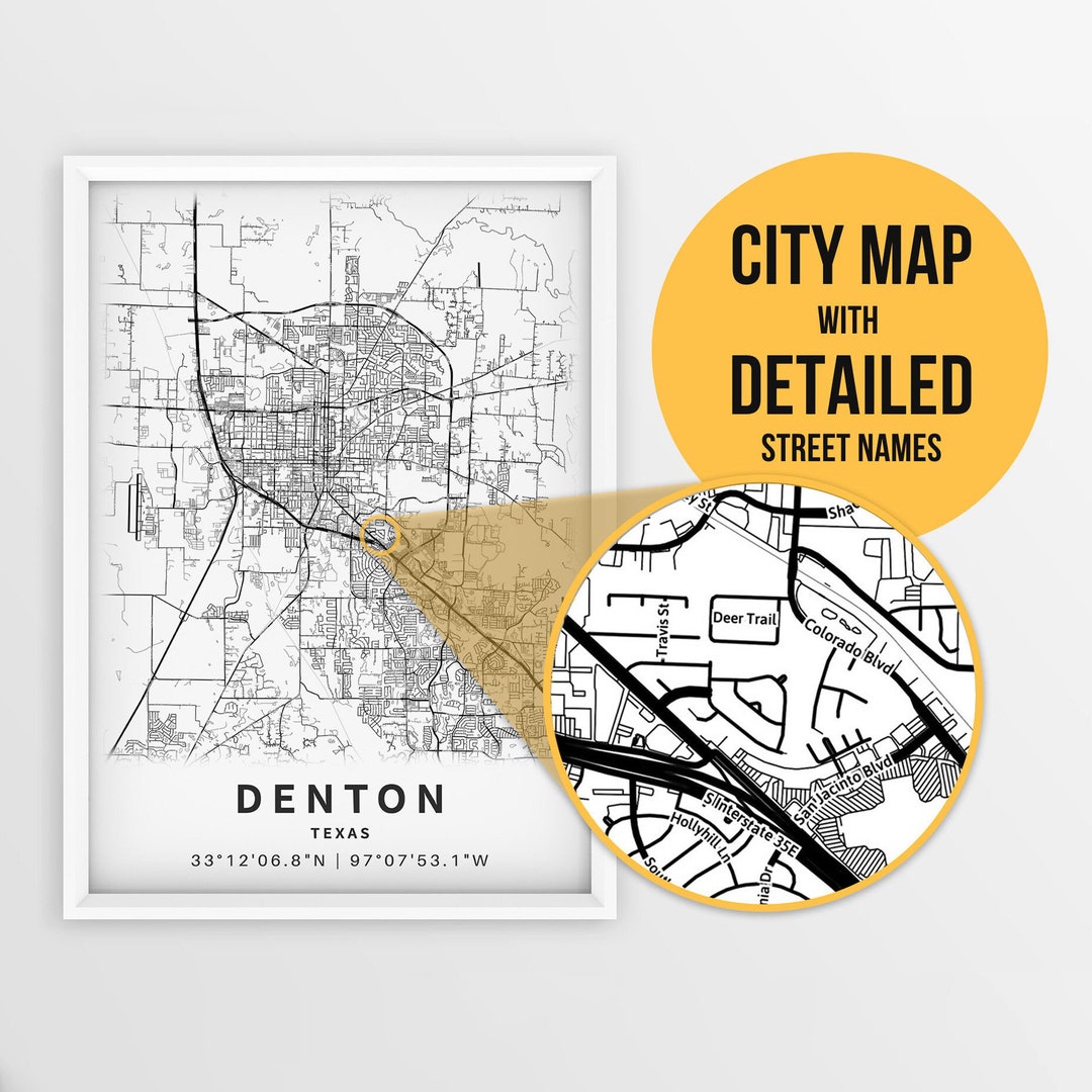 Printable Map of Denton Texas USA With Street Names Etsy