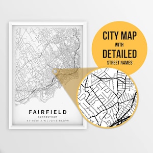 Printable Map of Fairfield, Connecticut, USA with Street Names - Instant Download \ City Map \ Travel Gift \ City Poster \ Road Map Print