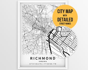 Richmond Virginia Map with Street Names, Printable Richmond City Poster (Instant Download)