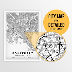 Mapa para impressão de Monterrey, México com nomes de ruas - Download instantâneo \ Mapa da cidade \ Arte de parede \ Pôster do México \ Estrada do México \ Impressão de mapa