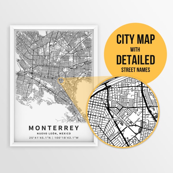 Printable Map of Monterrey, Mexico with Street Names - Instant Download \ City Map \ Wall Art \ Mexico Poster \ Mexico Road \ Map Print