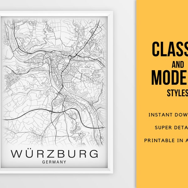 Würzburg Deutschland Karte Druck, Bayern Stadtplan - Instant Download \ Street Map \ Wall Art \ Druckbares Poster